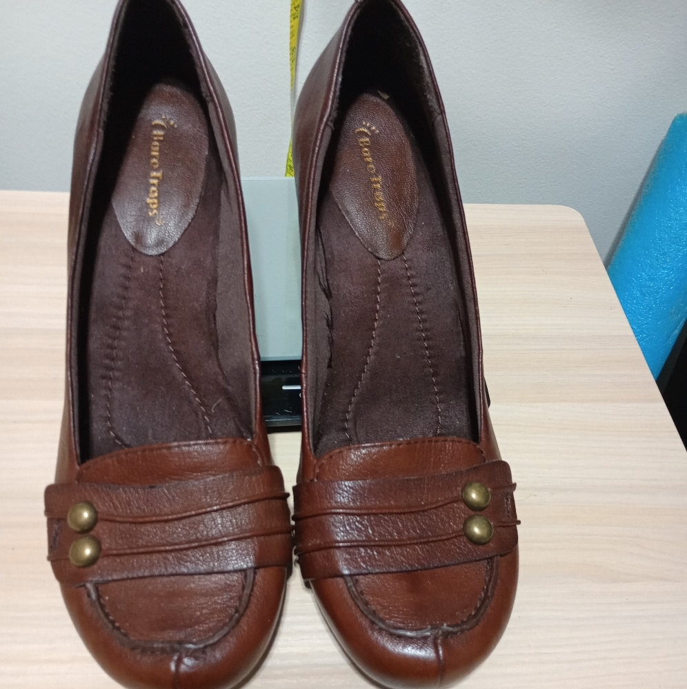 BareTraps Trina Leather Heels with Arch Support and Brass Button Detail
